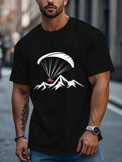 Mens Paraglider & Mountain Aviation T-Shirt| Short Sleeve Crew Neck Casual Tee With White Paragliding Design, All-Season Outdoor Adventure Shirt For Skydiving, Machine Washable, BlackWhite, PLUS SIZE