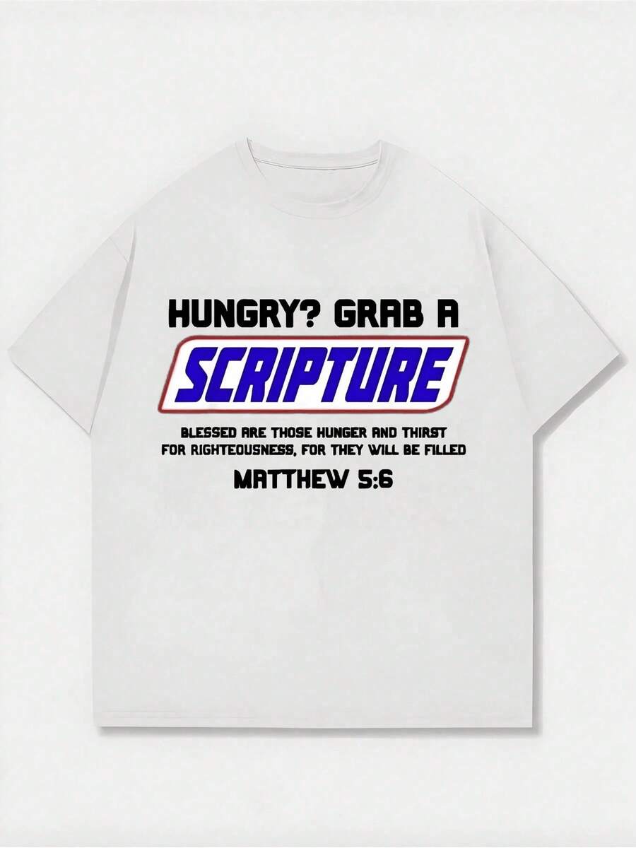 Black T-Shirt With "HUNGER?" GRAB A SCRIPTURE" And Bible Verse Text, Casual Print, Comfortable And Versatile, 220g Pure Cotton T-Shirt With Letter Pattern, Unisex Style - 白色 - 查看 1