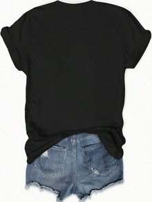 Camiseta Estampada Plana para Mujer - Estilo Casual de Manga Corta con Cuello Ajustado - Ligera y Transpirable - Negro - Ver 3