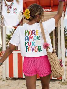Áo thun tay ngắn cổ tròn màu trắng size lớn, in chữ và hình trái tim màu dopamine trước sau, phong cách casual đi làm mùa hè - trắng - Xem 2