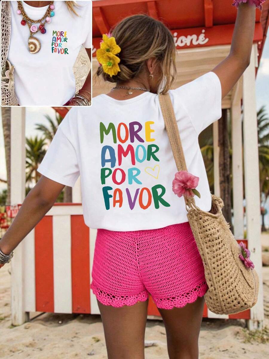 Áo thun tay ngắn cổ tròn màu trắng size lớn, in chữ và hình trái tim màu dopamine trước sau, phong cách casual đi làm mùa hè - trắng - Xem 1