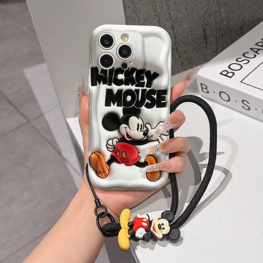 Disney Mickey Mouse Clubhouse Phone Case : 3D Fluffy Pattern Border Protector Phone Soft Phone Case With A Free Cute Mickey Bracelet Chain Lanyard, Mickey, Minnie, Goofy, Donald Duck, Daisy Duck, Pluto, For Apple 17 Promax 17 Pro 16 15 14 13 12 11 Pro Max XS Max X XR Soft Cover Summer Phone Case - 白色 - 查看 1