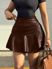 Carnival Sexy Ruffle Hem PU Leather A-Line Mini Skirt With Hidden Zipper, Cute Skirt For Casual, Vacation, And Date Spring - Coffee Brown - View 5