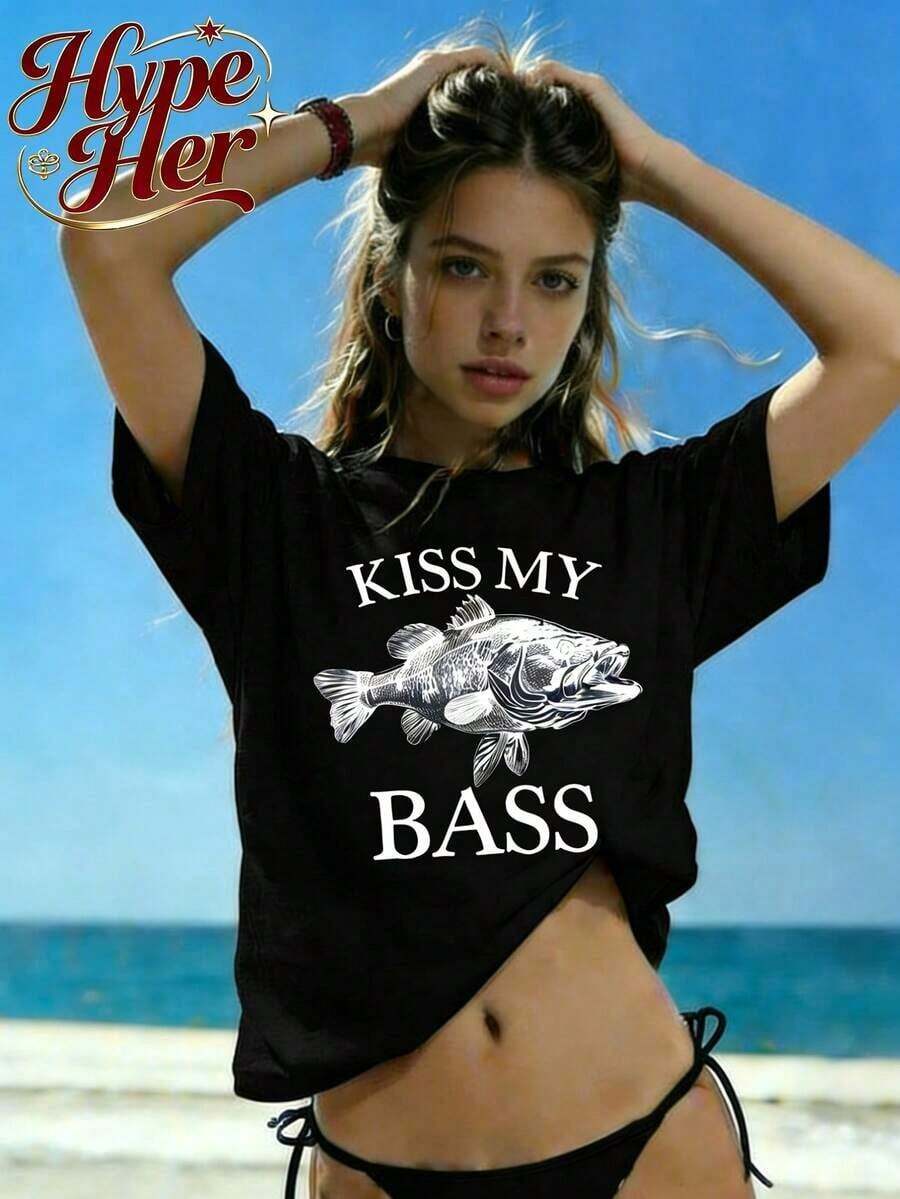 Best Seller 2026, Women's Short Sleeve Crew Neck Cotton T-Shirt With Kiss My Bass Fish Print, For Casual Or Office Wear, Modern Everyday Top, Summer Clothes For Women - 黑色 2 - 查看 1