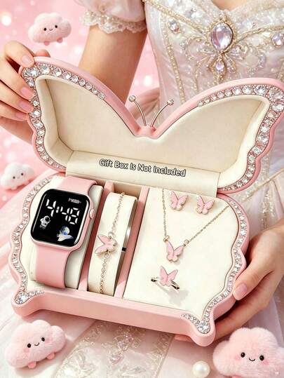 6/1 pieza Reloj electrónico cuadrado con pantalla LED digital de moda elegante para niñas, viene con un conjunto de collar, pulsera, anillo y aretes con perlas falsas y mariposas, adecuado como regalo de cumpleaños/festividad para niñas, ideal para uso diario, graduación, Día de San Valentín, Día de la Madre