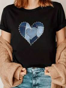 Mujer Camiseta Blanca con Corazon de Jeans Estampado Cuello Redondo Informal para Verano Moda Casual para Mujereswoman Todo tipo de impresiones, chaqueta, camiseta de cuello redondo, casual, para oficina, para viajar, muy popular, viento deportivo, estampado/patrón, camiseta de algodón 100%, camiseta casual, cómoda, suave, transpirable The latest popular bestseller - Negro - Ver 6