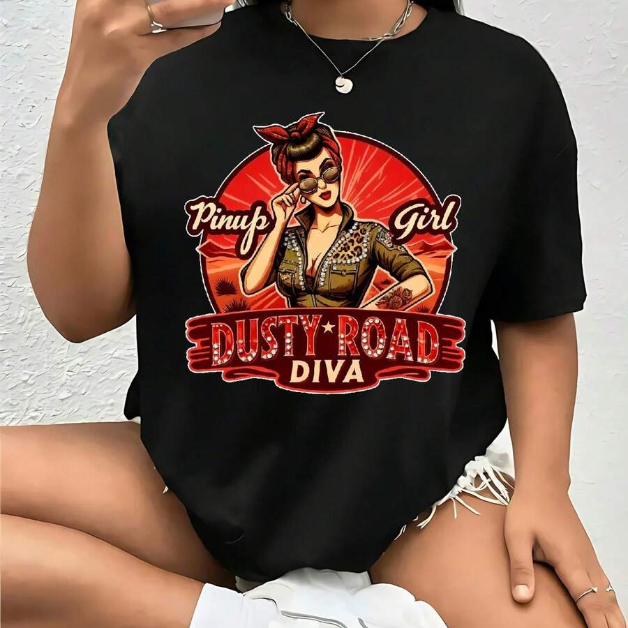 Tallas Grandes - Tallas Grandes - Camisetas de Tallas Grandes para Mujer, Camisetas con Gráficos 251112Y42, Camiseta con Cuello Redondo y Corte Holgado con Gráficos en Ropa de Tallas Grandes D1 - Negro - Ver 1