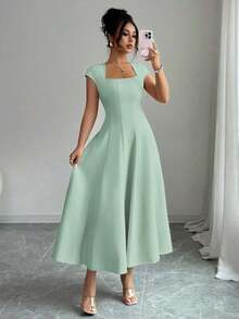 Vestido Midi Verde Oliva para Mujer , Cuello Cuadrado, Cintura Ajustada, Corte en A, Manga Corta, para Verano, Fiesta de Té, Trabajo, Playa, Vacaciones, Festival de Música, Cerveza - verde menta - Ver 3