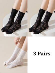 1/3 Pairs Of White Hollow Lace Socks, Spring And Summer Thin Two Toe Socks, Split Toe Socks, Women's Mid Leg Socks, Straight Leg Socks, - Multicolor - View 38