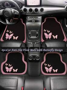 4pcs Pink Butterfly Pattern Car Floor Mats - Universal Anti-Slip Carpet Fit For Sedan, SUV, Pickup - Easy To Clean Durable Stylish Interior Protection - A - View 3