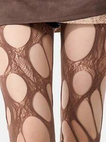 1pc Women's One Size Fits All Coffee Brown Asymmetrical Hole Fishnet Stockings, Suitable For All Seasons And Outfits - Coffee Brown - View 6