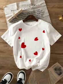 Camiseta de algodón de manga corta para mujer, camiseta casual de manga corta con estampado de corazón rojo - Tela transpirable semitransparente, cuello redondo, lavable a máquina, elasticidad media, top versátil para todas las estaciones, ideal para atuendos casuales y de San Valentín, camisetas para damas, diseño romántico, tela de elasticidad media. - Blanco - Ver 3
