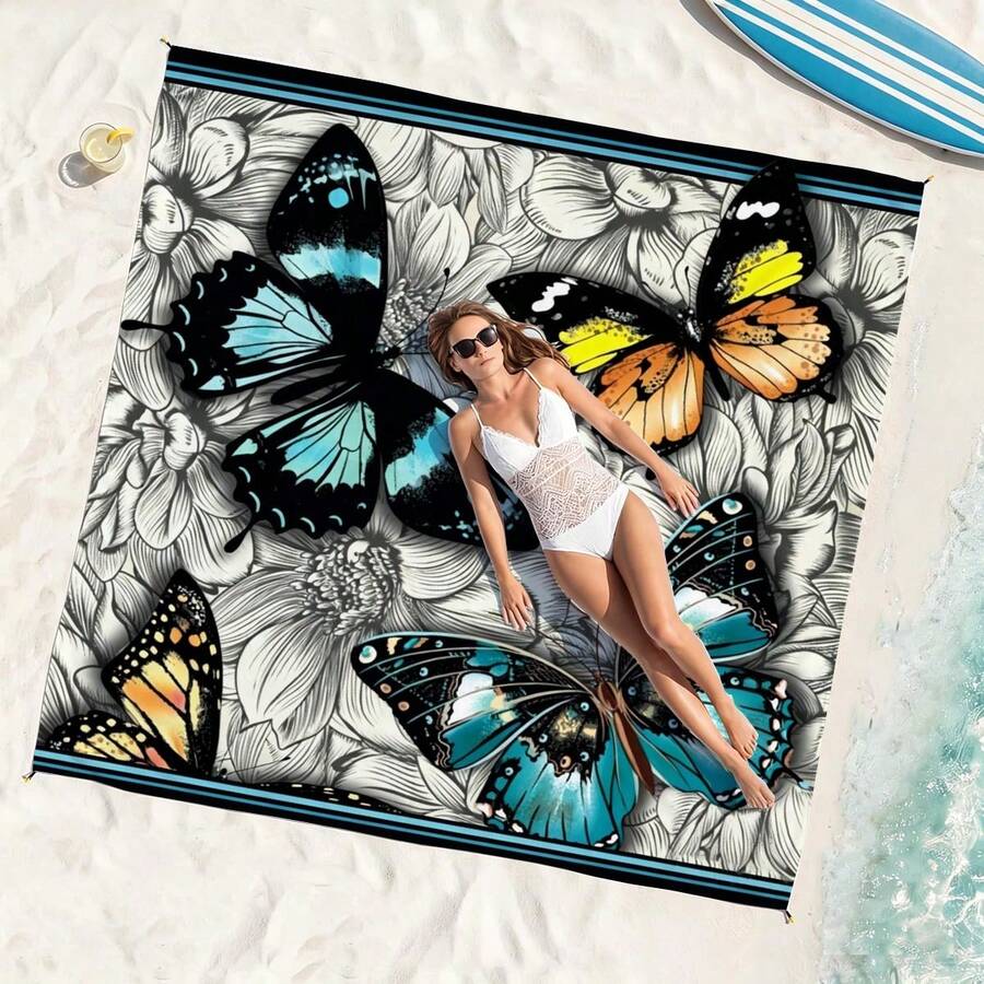 1pc Luxury Butterfly Extra Large Quick-Dry Beach Blanket, Suitable For 1-3 Adults - Lightweight, Durable Polyester Fabric - Perfect For Travel, Camping, Hiking And Leisure Beach Time, Beach Mat, Camping Ground Cover - Luxury Butterfly - View 1
