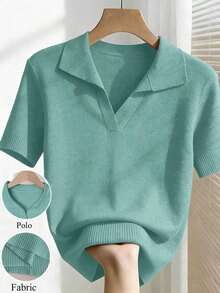 New 2026 Collection: Women's Solid Color Fitted Knit Blouse, Spring/Summer, White, Simple, Casual, With Roll Neck And Raglan Short Sleeves. Solid Color Blouses, Pink Blouses, Baby Pink Blouses. - 綠色 3 - 查看 1