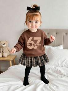 Baby Girl Numeric Print Round Neck Long Sleeve Dress - Coffee Brown - View 1