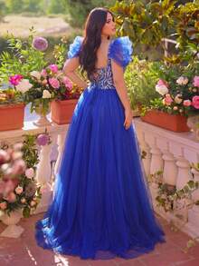 Faeriesty Đầm maxi cỡ lớn cổ vuông tay phồng, đính sequin, lưới và xẻ tà cao. Kiểu dáng ôm sát với dây đeo chéo phía sau. Thích hợp cho đám cưới, dạ hội và các buổi tiệc. - Xanh đậm - Xem 3