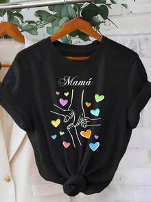 Women's Mother's Day "Mom" Graphic T-Shirt - Casual Pink Short Sleeve With Colorful Heart Design, Perfect For Summer, Everyday Comfort, Daily T-Shirt | Playful Print T-Shirt | Comfortable Fit, Mother's Day Gifts - 黑色 - 查看 2