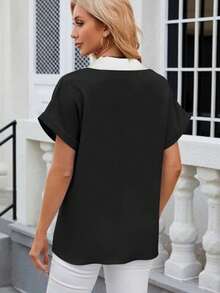 Women's Short-Sleeved V-Neck Blouse With Front Stripe Detail, 31814 - Black - View 2