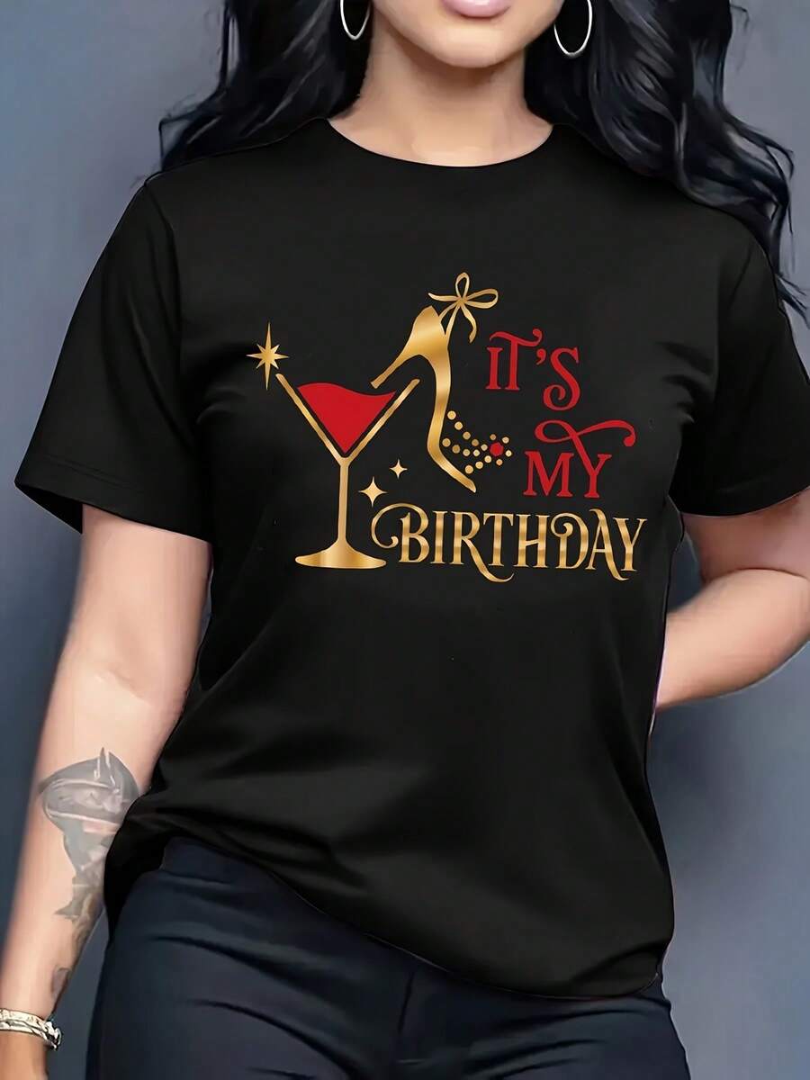 Camiseta de cuello redondo con estampado de letras de cumpleaños, camiseta casual de manga corta para primavera y verano, ropa de mujer - Negro - Ver 1