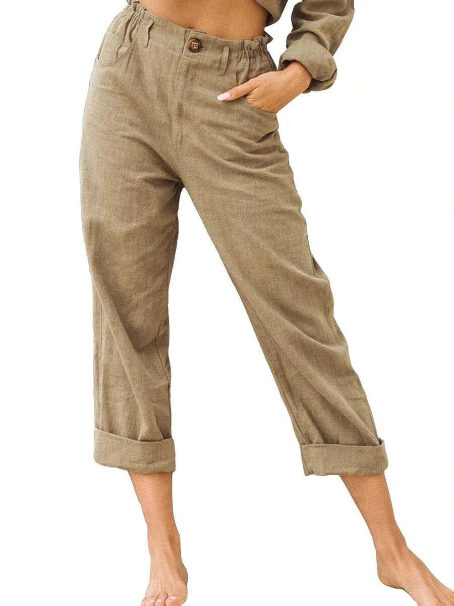 Pantalones de algodón y lino para mujer, pantalón corto de tubo recto, informal, cómodo, sencillo, rábano, novedad de verano 2024 - Caqui - Ver 1