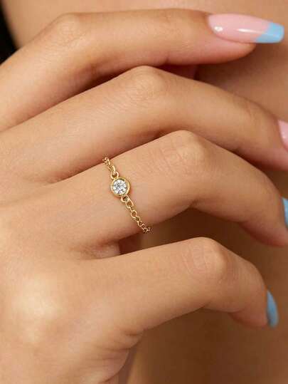 1 pieza Anillo de circonita cúbica elegante, diseño de cadena decorativa de acero inoxidable 304, adecuado para uso diario de mujeres