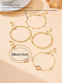 5 pièces Ensemble d'élégants bracelets de cheville de luxe de style vacances à la plage, multicolores, trèfle ajouré et brillant pour femmes (En raison de la découpe artisanale, le nombre de perles peut varier, mais la longueur finale restera la même) - Rose bonbon - Voir 6