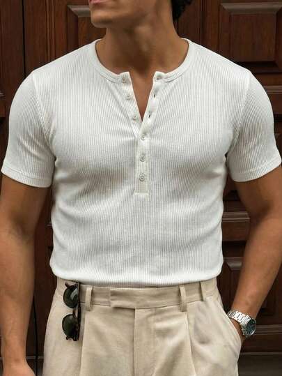 Men's Vintage Coin Texture Henley Neck Short Sleeve T-Shirt