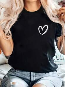Talla Grande, Camiseta de Mujer de Talla Grande con Estampado de Corazón - Blusa Casual de Cuello Redondo y Manga Corta, Ropa Casual Transpirable para Primavera, Verano y Otoño, Top Holgado Lavable a Máquina Adecuado para Mujeres - Negro - Ver 7