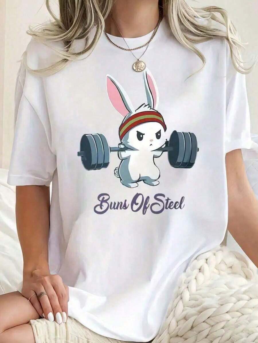 Camiseta de Entrenamiento para Mujer con Estampado Divertido de Conejito - Gráfico de Conejo Levantando Pesas, Cuello Redondo y Manga Corta Holgada TA9D - Blanco - Ver 1