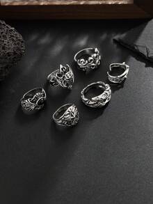 Bộ 6 chiếc nhẫn Hip Hop màu đen, nhẫn đeo ngón tay hình dây xích quỷ độc đáo, trang sức thiết kế độc đáo, phụ kiện quyến rũ, món quà Valentine lý tưởng cho chồng/bạn trai. - Chiếc nhẫn quỷ - Xem 6
