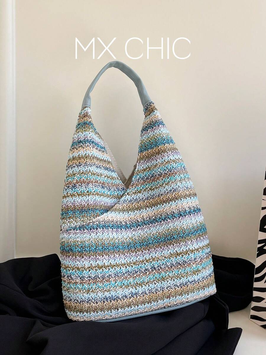1pc Women's Solid Color Straw Shoulder Bag, Large Capacity, Fashion, Suitable For Commuting, Shopping, Vacation - Multicolor - View 1