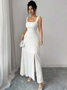 Nuevo vestido de punto texturizado sin mangas con cuello cuadrado y diseño de lazo de mariposa en la espalda abierta, elegante vestido ajustado para fiesta - Albaricoque - Ver 5