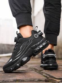 Men's Black Running Shoes, Mesh Panel Design With Sleek Lines, Thick Sole For Vibe, Easily Matches Various Daily Outfits - Black - View 9