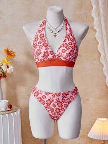 Conjunto de 3 piezas con top de bikini triangular con cuello de halter naranja y falda a juego, para playa/resort - Multicolor - Ver 5
