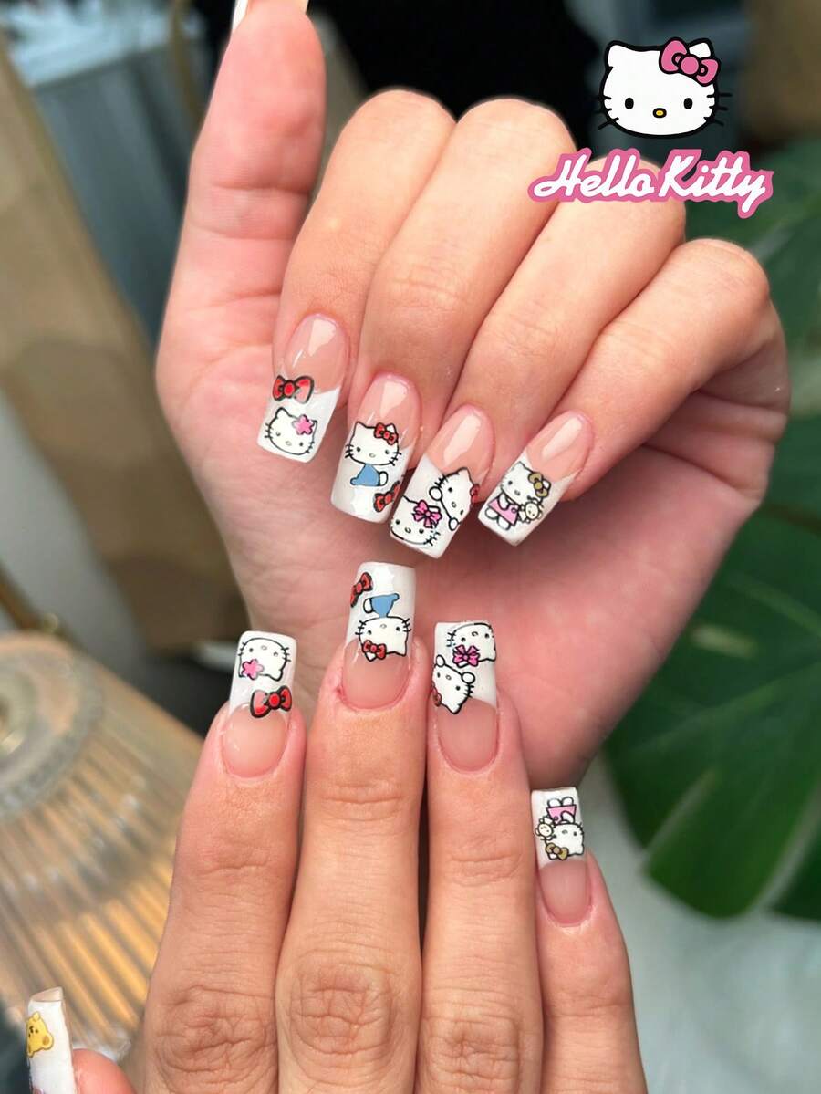 SANRIO 24片Hello Kitty中号方形3D白色法式美甲贴纸,饰有Hello Kitty和蝴蝶结图案,粉色少女风,完美适配亚克力美甲套装,包含1瓶胶水和1个指甲锉,适合女孩日常生活和派对使用。 - 彩色 - 查看 1