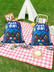 6 piezas Bolsas con cordón con patrón de videojuegos azules, suministros de embalaje de regalos, decoraciones de fiesta de cumpleaños, bolsas de almacenamiento de dulces, recuerdos de fiesta - consola de juegos azul - View 4