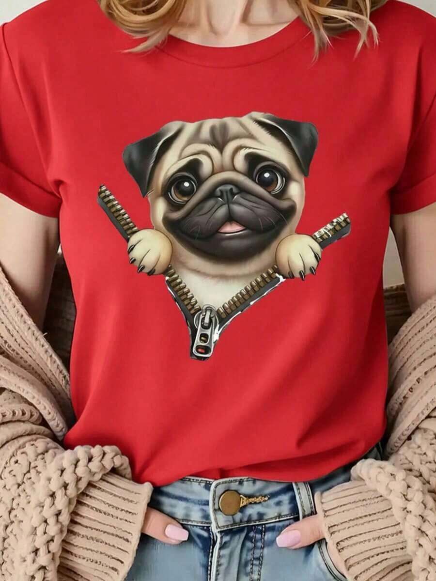 Camiseta playera gráfica dama mujer manga corta cuello redondo casual cómoda fresca ligera moderna juvenil corte regular estampado pug perro perrito dog lover cara sonriente - Rojo - Ver 1