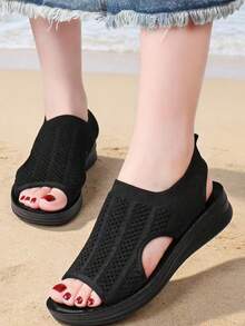 1 Pair Women's Slip-On Beach Sandals With Fabric Texture PU Sole, Wedge Heel, Suitable For Commuting, Casual, Walking - Black - View 15