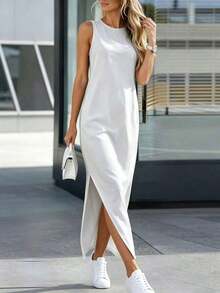Vestido de punto casual de mujer con cuello redondo y dobladillo con abertura lateral en gris claro - Blanco - Ver 3