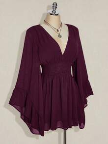 Vestido corto elegante de manga larga con cuello en V y cintura ceñida de unicolor para mujer - Morado - Ver 6