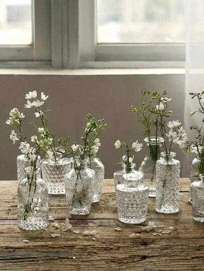 10pcs Bohemian Style Glass Vase Set | Rustic Wedding Mini Vases, Home & Tabletop Decor, Christmas Decoration Vases, Small Vintage Glass Bud Vases, Wholesale Clear Bud Vases, Aroma Diffuser Bottles, Centerpieces, Cute Clear Bud Vases Suitable For Home Fresh Flowers, Wedding Decor, Home Decor, Room Decor Vases