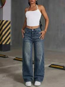 Teen Girls Pocketed Straight Loose Casual Versatile Jeans - Medium Wash - View 4