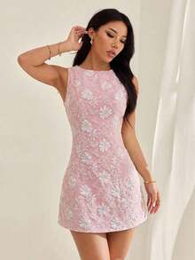 Vestido elegante vintage para vacaciones, vestido ajustado de jacquard para primavera/verano, vestido de tirantes, vestido mini verde - Rosa - Ver 4