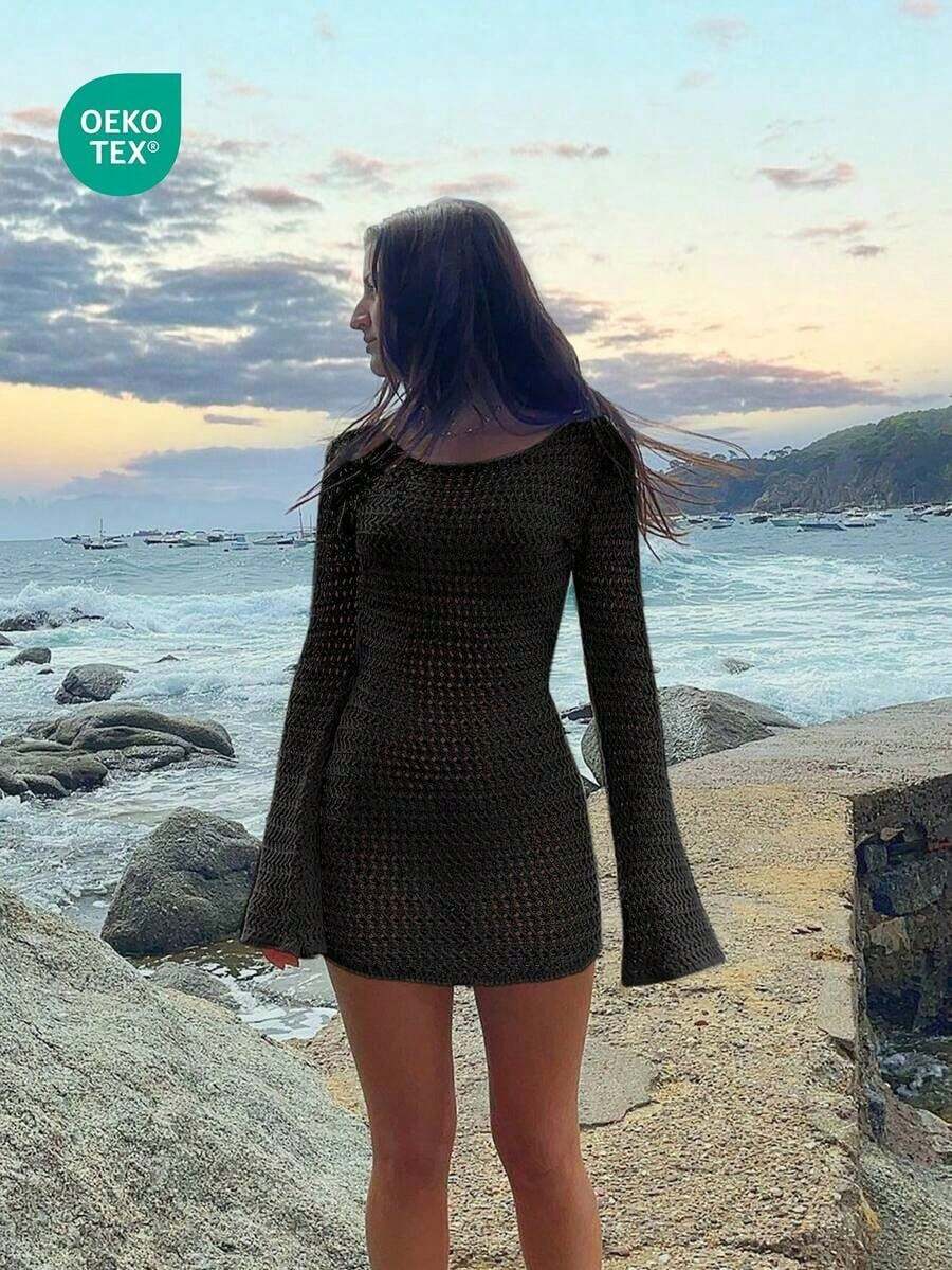 Vestido corto de punto transparente con espalda descubierta y diseño calado, para playa y vacaciones, de unicolor y manga larga, para primavera/verano - Negro - Ver 1