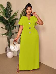BIUBIU Vestido largo elegante de verano para mujer talla grande, color verde, cuello en V, mangas cortas con volantes, detalle de abertura con lazo en la espalda, tejido de punto para un ajuste cómodo - fruta verde - Ver 3
