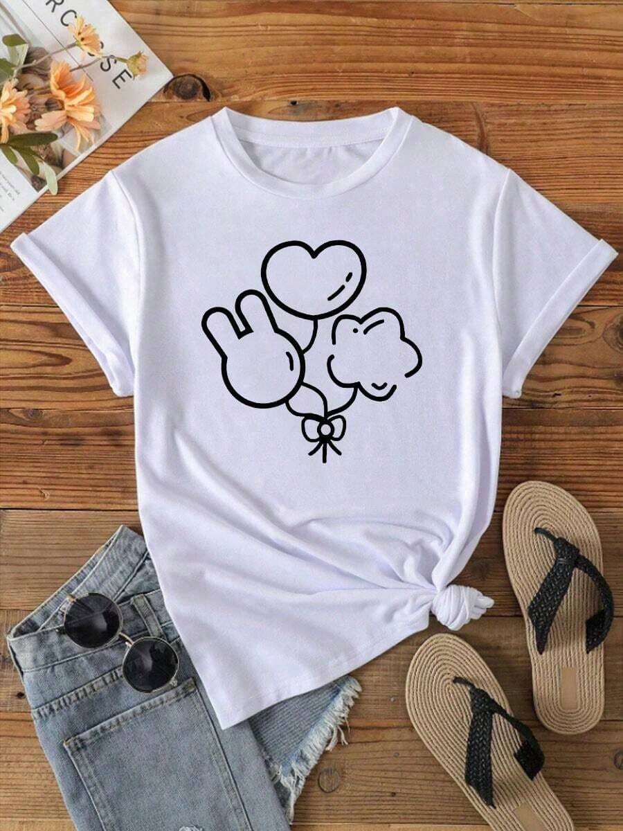Camiseta de mujer con estampado de triple globo, primavera/verano, holgada y casualPure-Cotton - Blanco - Ver 1