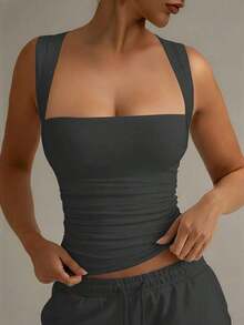Camiseta sin mangas blanca casual y ajustada con cuello vuelto, adecuada para todas las estaciones, especialmente para el verano - Gris Oscuro - Ver 1