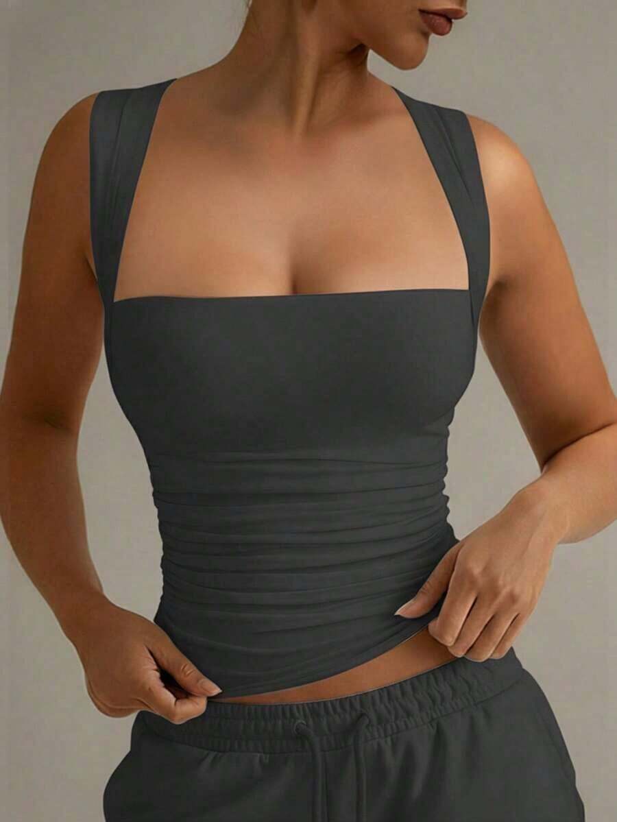 Camiseta sin mangas blanca casual y ajustada con cuello vuelto, adecuada para todas las estaciones, especialmente para el verano - Gris Oscuro - Ver 1