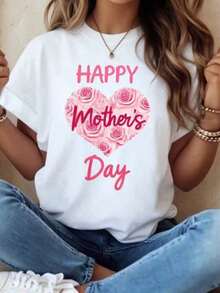 1 T-Shirt With A Heart And Pink Rose Design For Mother's Day, Casual Style, Perfect As A Mother's Day Gift. 1.Jpeg180g 100% Soft Cotton. - 黑色 - 查看 11