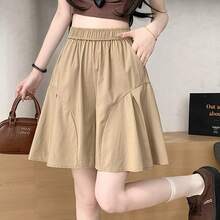 Pantalones cortos de verano de cintura alta de seda helada, finos, de pierna ancha, para mujer, holgados, informales, tallas ... - Caqui de seda helada con bolsillos y sin formación de bolitas. - Ver 5